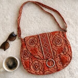 Vera Bradley Quilted Crossbody Bag Red Orange Floral Ring Detail Shoulder Bag